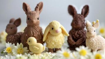 Miniature chocolate sculptures of baby animals including chicks lambs and bunnies ideal for little ones to enjoy on Easter morning photo