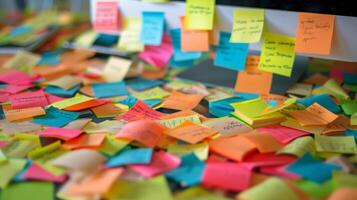 A desktop covered in sticky notes with a list of online deals to be ed up on Cyber Monday photo