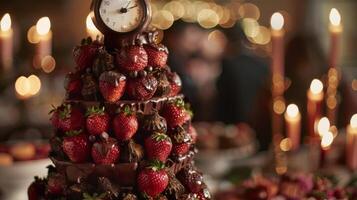 A tower of chocolatecovered strawberries expertly arranged in the shape of a clock counts down the hours until midnight as guests gather around the table with eager anticipation photo