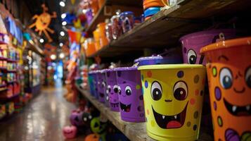 Brightly colored treat buckets shaped like ghosts and monsters add a playful touch to the dark and eerie decorations that dominate the store photo
