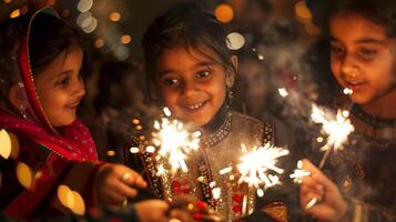 Crackers and sparklers of different shapes and sizes can be seen in the hands of young children and adults alike photo