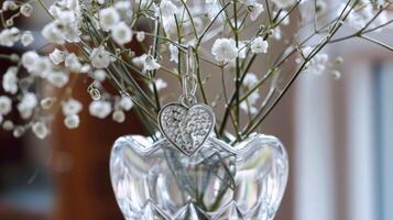 A delicate silver heart charm hangs from a crystal vase filled with delicate babys breath adding a touch of elegance to the Valentines Day table photo