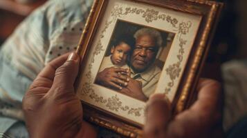 A closeup of a fathers hands holding a photo frame with a picture of his children. The frame is engraved with a special message making it a meaningful and sentimental gif