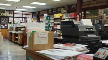 el oler de Fresco papel y tinta desde pilas de recién fotocopiado libros de texto y folletos detrás el cliente Servicio escritorio foto