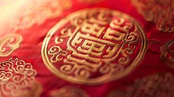 A closeup of a red and gold paper out featuring the Chinese character for luck commonly displayed in homes during the holiday photo