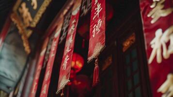 A closeup of a red and gold banner with calligraphy wishing a prosperous and fortunate new year hung above a doorway photo