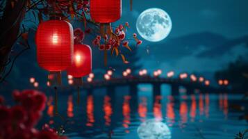 The full moon shines brightly on a peaceful river as families release red lanterns onto the water as a symbol of hope and good fortune for the new year photo