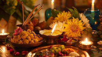 A table adorned with puja prayer items including a lit diya incense sticks flowers and fruits ready for a traditional Diwali puja ceremony photo
