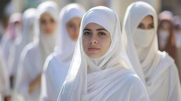 The simple yet elegant white thobes and hijabs are a popular item during Ramadan as many choose to wear traditional attire to show their devotion during the holy month photo