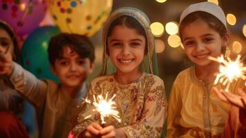 A group of children playing with colorful balloons and sparklers adding to the festive atmosphere of Eid alAdha celebrations photo