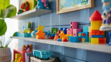 A shelf lined with educational and interactive toys from building blocks to science kits tempts curious young minds to explore and learn on this special day photo