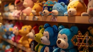 A festive display of Hanukkah themed plush toys including cuddly dreidels and menorahs photo