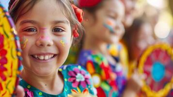 A childs face beaming with excitement as they hold a brightly painted tambourine ready to join in the lively music and dancing photo