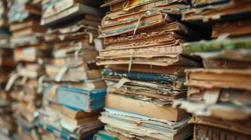 A closeup of a stack of textbooks with worn edges and scribbled notes peeking out from between the pages symbolizing the start of a new academic year photo