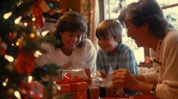 un familia reunido alrededor el Navidad árbol ansiosamente desenvolviendo regalos y compartiendo la risa y alegría foto