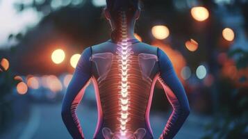 A closeup of a persons back with a virtual spine superimposed helping them visualize and correct their posture during a core strengthening exercise photo