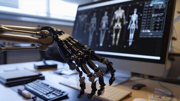 A virtual 3D model of a prosthetic arm being rotated and modified on the computer screen demonstrating the versatility and customization capabilities of the software photo