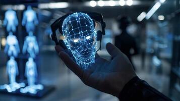 A persons hand holding a virtual reality headset with a digital twin simulation of their body and its response to different environmental factors and stressors photo