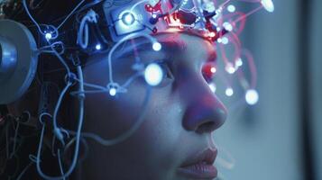 A closeup of a headband with multiple electrodes each with a different function for enhanced cognitive abilities photo