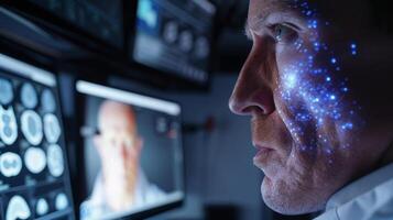 Closeup of a dermatologist virtually examining a patients psoriasis flareup using a telemedicine platform powered by advanced AI technology photo