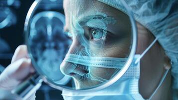 A magnified view of a patients scalp being inspected by a dermatologist through an AIenhanced telemedicine platform photo