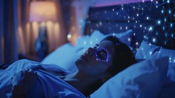 A woman using a homebased sleep tracker which utilizes AI technology to analyze sleeping patterns and provide risk assessments for conditions like sleep apnea photo