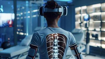 A person immersed in a virtual reality program specially designed for chronic pain in their upper back and neck utilizing targeted exercises and movements to alleviate tensio photo