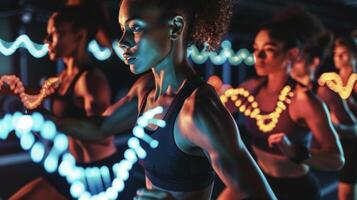 A group of people participating in a fitness class each with a DNA sequence projected onto them emphasizing the individualized aspect of personalized programs photo