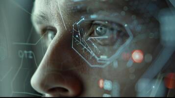 Extreme closeup of a secure biometric authentication process such as facial recognition being used before accessing medical research data on a blockchain network photo