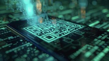 An extreme closeup of a QR code displayed on a smartphone screen representing the secure data transfer capabilities of blockchainbased systems for patient health data. Patient photo