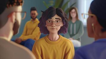 A closeup of the AI moderators avatar displaying a comforting and nonthreatening expression as they guide participants through a difficult topic during a virtual support grou photo