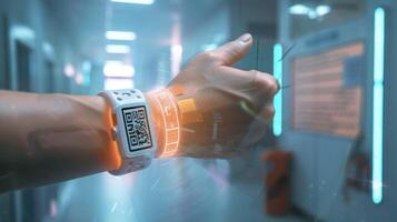 A barcode scanner reading a QR code on a persons wristband tracking their movement and health data in realtime to predict potential outbreaks photo