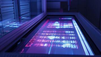 An illuminated scanner screen with a detailed image of genetic data ready for analysis and interpretation for personalized medicine purposes photo