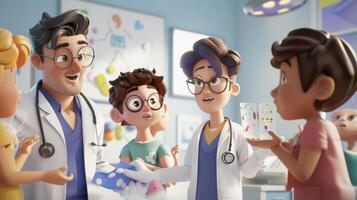 A virtual doctor leading a group of animated children through a fun and interactive simulation of a medical procedure using props and games to explain the steps involved photo