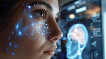 A detailed closeup of a conference between a dermatologist and a patient showing the use of AI diagnostics to remotely assess skin conditions and provide personalize photo