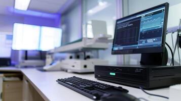 Closeup of a remote telepathology station showcasing the use of AI technology to assist pathologists in diagnosing slides from patients living in rural or remote areas photo