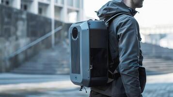 A side profile of a lightweight and ergonomic air purifier backpack equipped with a purification unit for clean air while on the move photo