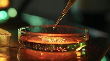 A macro view of a sample tissue being genetically modified in a petri dish signaling the potential for preventative treatments before diseases have a chance to manifest photo