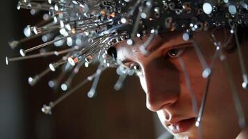 A person wearing a cap with an array of electrodes poking out resembling a futuristic crown photo