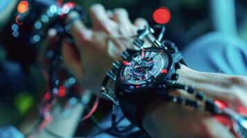 A person wearing a watch that releases small bursts of electrical stimulation for cognitive enhancement throughout the day photo