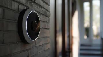 A detailed look at a smart doorbell that allows users to remotely see and speak to visitors at their front door photo