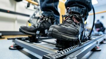 A closeup of a stroke survivors feet sped into a robotic gait trainer which utilizes programmed movements to help improve walking patterns and stability photo