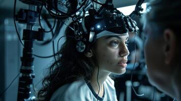 The intense concentration on a researchers face as they adjust the motion capture equipment for a test subject photo