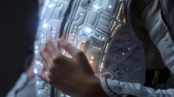 The hand of a person adjusting the ss of a posturecorrecting vest with builtin sensors and haptic feedback photo