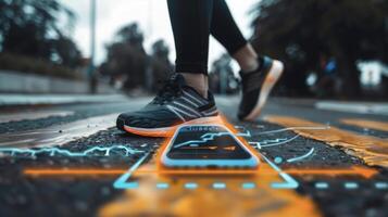 A snapshot of a fitness trackers app showing a visualization of the users progress towards their daily step goal with an AR representation of the finish line photo