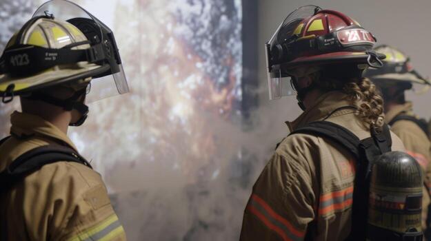 A group of first responders using mixed reality to simulate a highrise building fire navigating through smoke and debris to rescue virtual victims photo