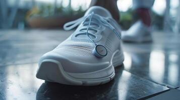 Closeup of a sensor attached to a shoe measuring steps taken and sending reminders for goalbased activity levels photo