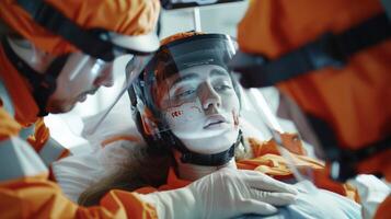 A group of emergency medical technicians using mixed reality to practice administering lifesaving medication to a simulated patient with a severe allergic reaction photo