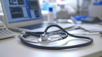 A closeup of a doctors stethoscope with a computer screen in the background displaying AIgenerated data on disease symptoms and patterns photo