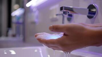 Closeup of a sensor on the back of a hand tracking hand hygiene and sending reminders for washing hands regularly photo